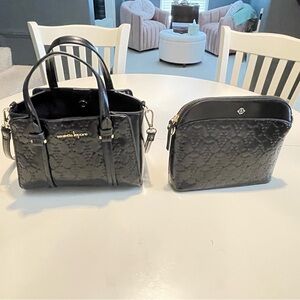 Nanette Lepore Embossed Logo Satchel in Black and Gold